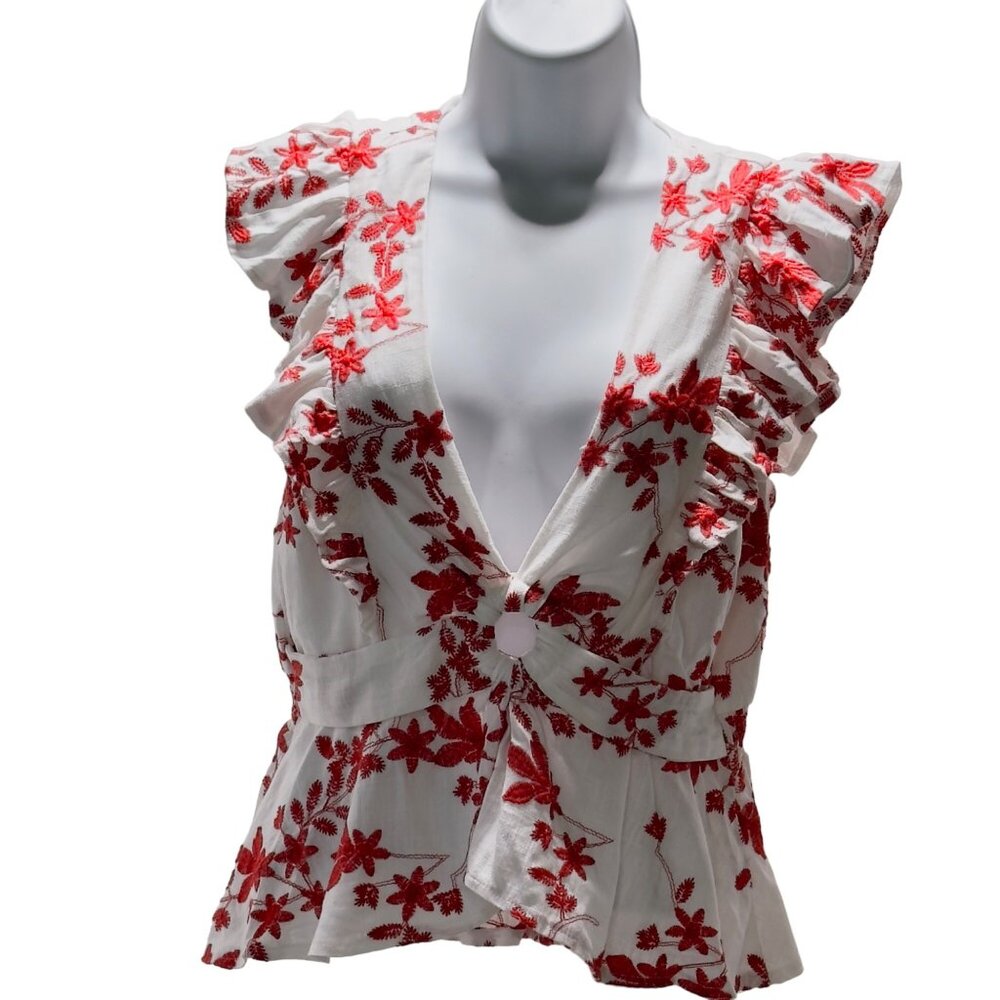 SKYLAR ROSE Womenโs Top Cotton Linen Look Floral Embroidered Peplum Waist Size M